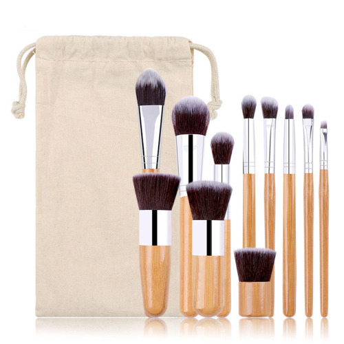 manufacturers supply 11 bamboo handle makeup brushes linen bag makeup brushes set eye shadow brush beauty tools
