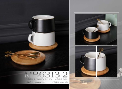 european-style light luxury coffee cup （black and white + wooden mat） cup mug ceramic cup household couple water cup