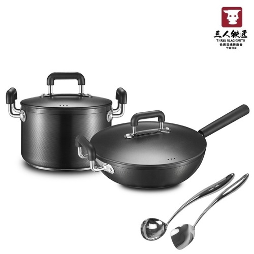 three-person blacksmith uncoated induction cooker 24cm soup pot 32 frying pan combination two-piece set household gas stove