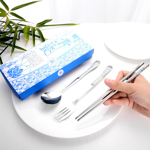Blue and White Porcelain Tableware Set of 3 Stainless Steel Gifts Chopsticks Sets Business Wedding Gift Fork Spoon Set Wholesale