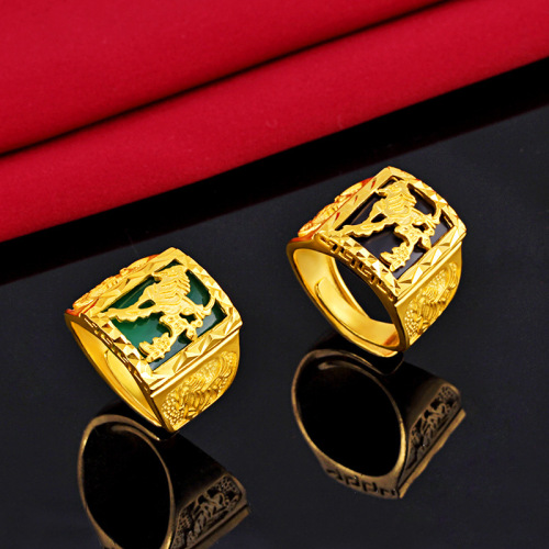 High Quality Gold-Plated Men‘s Emerald Dragon Ring Vietnam Placer Gold Wide Version Domineering Win Instant Success Gold Ring