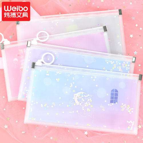 Weibo Spot Creative Sequins File Bag Pp Material Frosted Zipper Ring Student Office Storage Zipper Bag