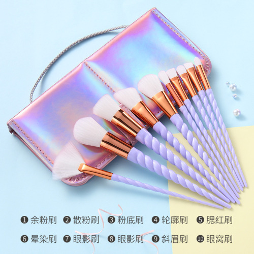 10 unicorn makeup brushes set colorful spiral handle white hair color hair beauty tools cross-border spot
