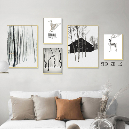 nordic simple landscape combination decorative painting creative five-piece hanging painting living room sofa background wall mural retro oil painting