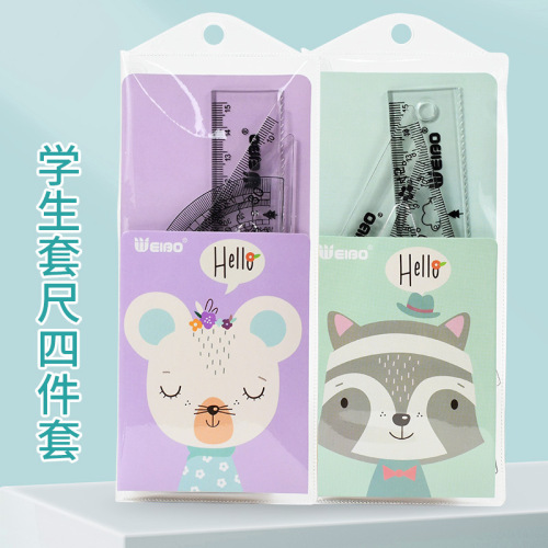 Weibo Stationery Wholesale New Student Ruler Set Cartoon Transparent Cute Animal Plastic Ruler Stationery Ruler Set Manufacturer