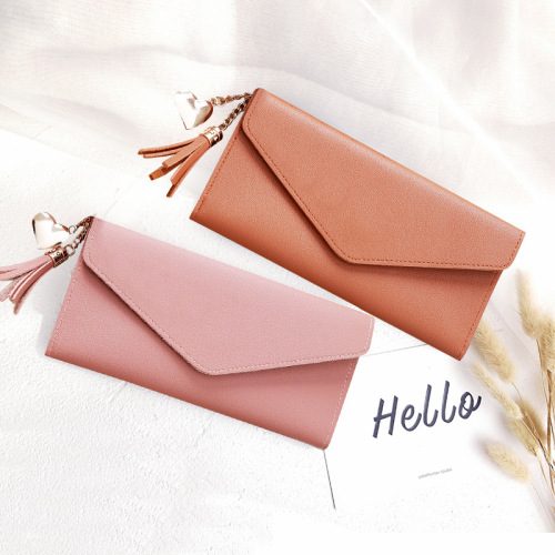 women‘s long wallet student wallet fashionable simple heart tassel buckle wallet