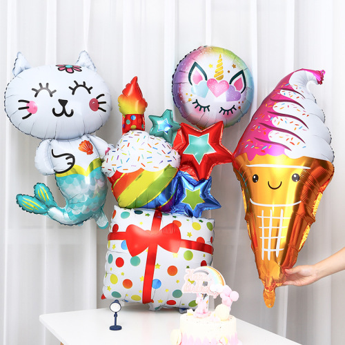 children‘s cartoon aluminum film ice cream kitten birthday gift cake balloon color balloon decoration party layout