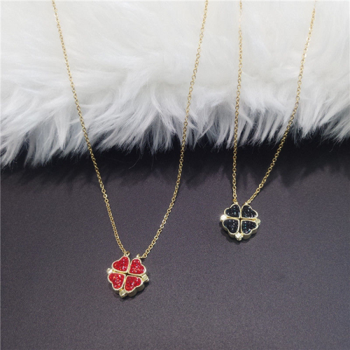 Red and Black Split Clover Necklace Female Titanium Steel Japanese and Korean Style Personalized Minority Design Sense Double Wear Diamond-Embedded Non-Fading