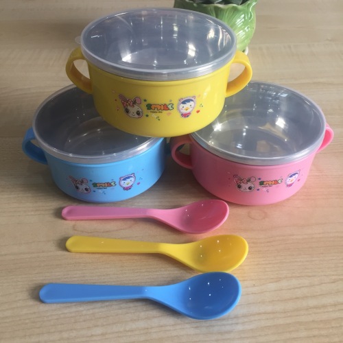 Baby with Lid and Handle Stainless Steel Bowl Children Feeding Tableware Eating Bowl Cartoon Shatter Proof Insulation Children‘s Bowl