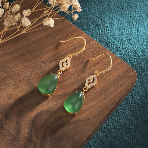 ale yuan jewelry chinese style jewelry ancient style gold-plated inlaid natural chalcedony agate drop-shaped earrings earrings for women