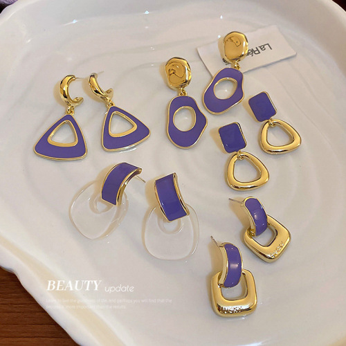 Silver Needle Catharanthus Roseus Blue Dripping Oil Geometric Earrings Design Purple Ear Stud Earring Sweet Grace Cool Style Earrings for Women