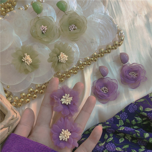 Korean Chiffon Lace Flower Earrings Gentle Purple Avocado Green Retro Hong Kong Style Ear Studs Earrings Girl