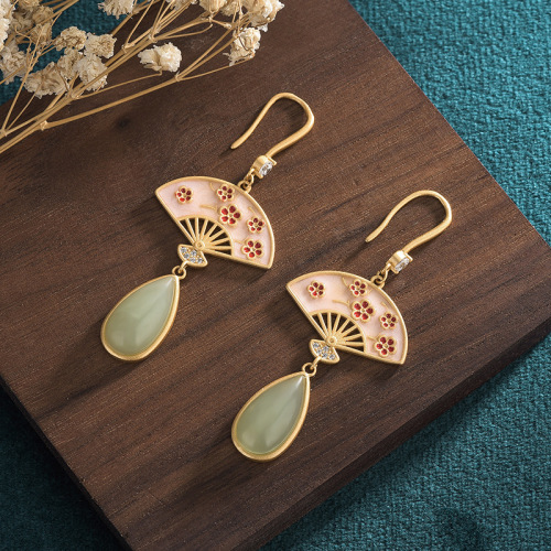 Ancient Chinese Style Ancient Gold-Plated Enamel Court Circular Fan Imitation Hetian Jade Earrings for Women