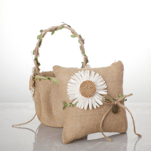 western wedding set gift ring pillow and wedding flower girl flower basket simulation sunflower linen satin