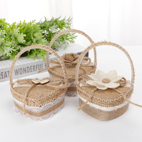 Valentine‘s Day Gift Heart-Shaped Ring Box Creative Wedding Flower Girl Portable Ring Holder Box Burlap Bow Flower Basket