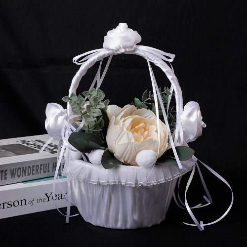 wedding flower basket wedding flower girl flower basket portable small flower basket satin bow decoration white girl heart wedding basket