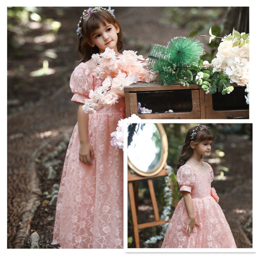 2022 new children‘s catwalk evening dress girls‘ lace flower princess yarn dress middle and big children‘s puffy dress