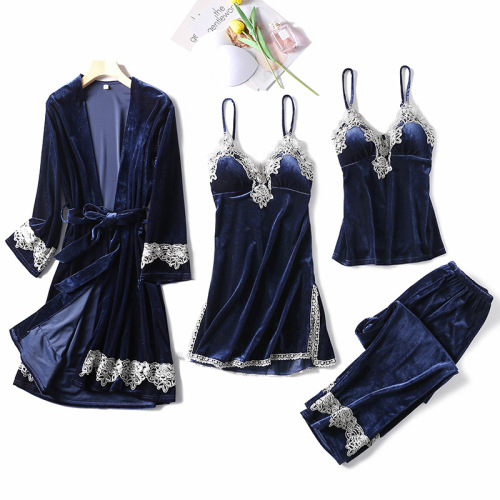 new gold velvet pajamas sexy long sleeve nightgown four-piece home wear with chest pad pajamas lace suspenders