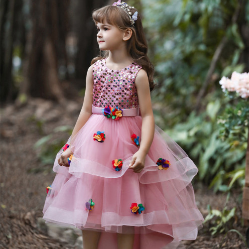 2022 European and American New Children Princess Dress Girls Mesh Flower Vest Trailing Dress Dress Piano Performance Clothes