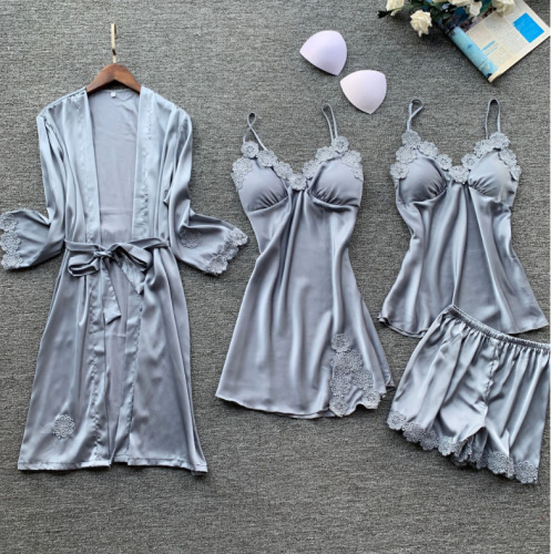 New Pajamas Women‘s Summer Sexy Pajamas Four-Piece Set Sling Nightgown Women‘s Homewear Belt chest Pad Nightgown Thin Section 