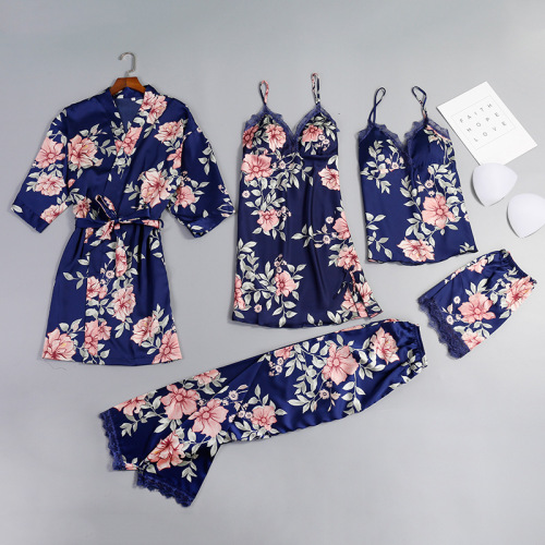 Spring and Summer New Pajamas Sexy Lace Nightgown Trousers Shorts Five-Piece Set Suspenders with Chest Pad Nightdress Can Be Worn outside 