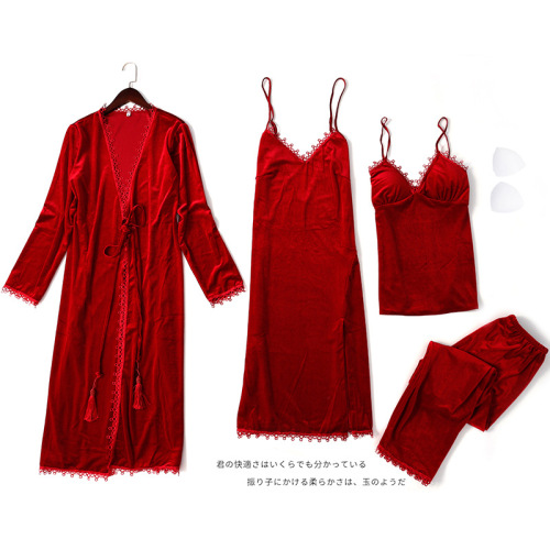 Autumn and Winter Gold Velvet Padded Pajamas Women‘s Suit Slip Nightdress Sexy Nightgown Four-Piece Home Wear Wholesale