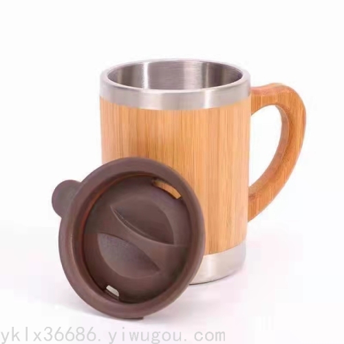 350ml 450ml Cross-Border Office Bamboo Cover Vacuum Cup Stainless Steel Bamboo Shell Cup Customizable Logo Gift Cup