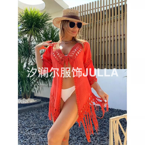 2022 new beach clothes bikini outer shawl cloak hand-crocheted tassel sun protection coverall foreign trade