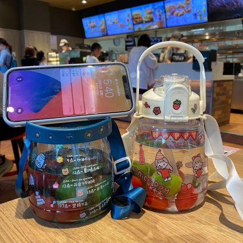 internet celebrity new cute chubby cup outdoor portable mobile phone holder plastic water cup portable shoulder strap straw gift cup