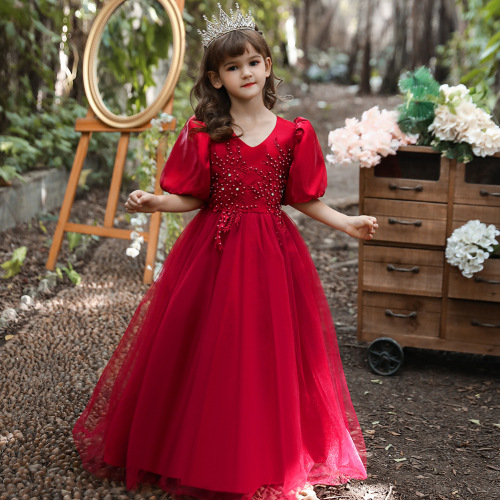 Puff Sleeve New Children‘s Wedding Dress Princess Gown Dress V-neck Little Host Girl Catwalk Show Mesh Performance Dress