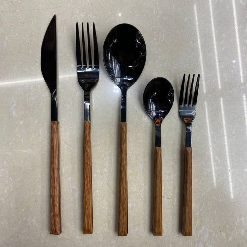 [huilin] 430 stainless steel western tableware hotel titanium black clip wooden handle steak knife and fork spoon tea spoon tea fork