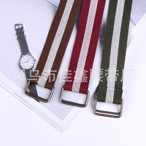 factory direct knitting striped mixed color polyester cotton belt iron square buckle polyester cotton versatile belt 059