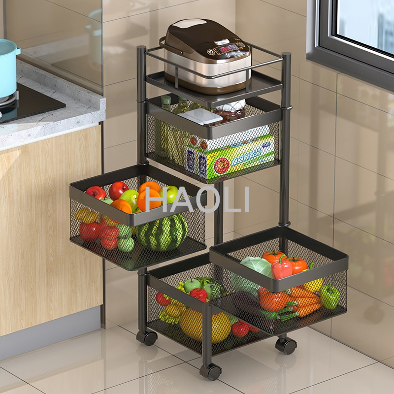 Multi-layer rotatable round square kitchen fruit vegetable drain basket mobile storage rack space saving shelf