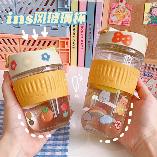 Cute Ins Wind Large Capacity Glass Water Cup with High Appearance Comes with Straw Water Bottle Summer Portable Sweet Coffee Cup