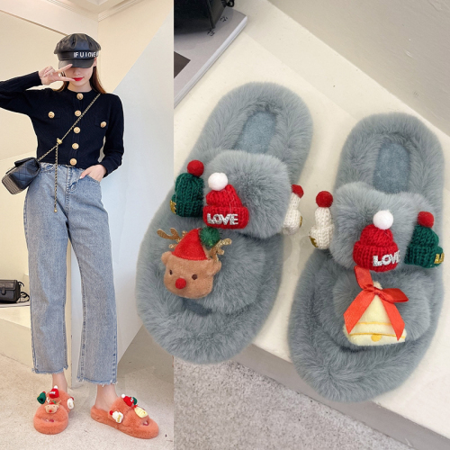 Autumn and Winter Cross-Border 42 Large Size Spot Christmas Atmosphere Furry Slippers Women‘s Indoor and Outdoor Flat Bottom Warm Word slippers H 