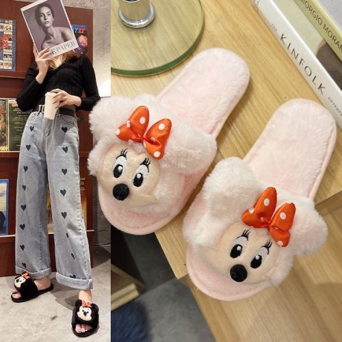 2022 autumn and winter new cross-border plush slippers women‘s korean-style cartoon mickey mouse home flat warm cotton slippers