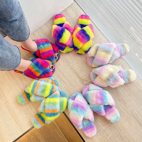amazon cross-border foreign trade rainbow color cross furry slippers female home indoor and outdoor wear open toe cotton slippers plus size
