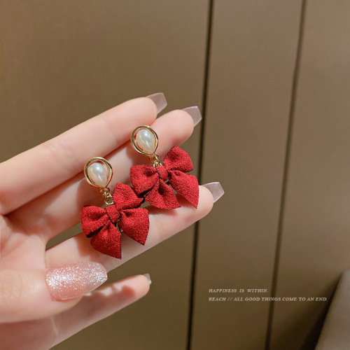 korean retro flannel bow earrings women‘s high-grade pearl earrings s925 silver needle internet celebrity temperament ear jewelry