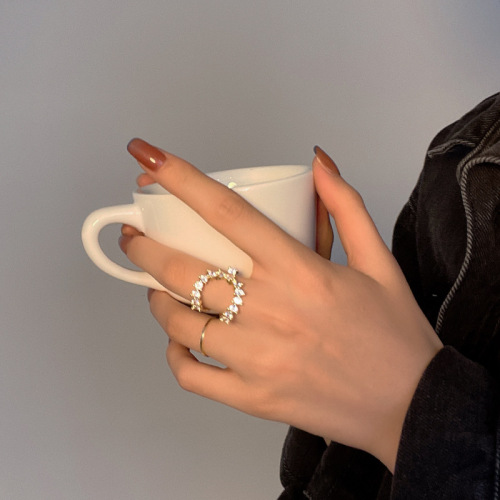 design gradient crescent full diamond ring female retro temperament exaggerated internet celebrity ring european and american simple index finger ring