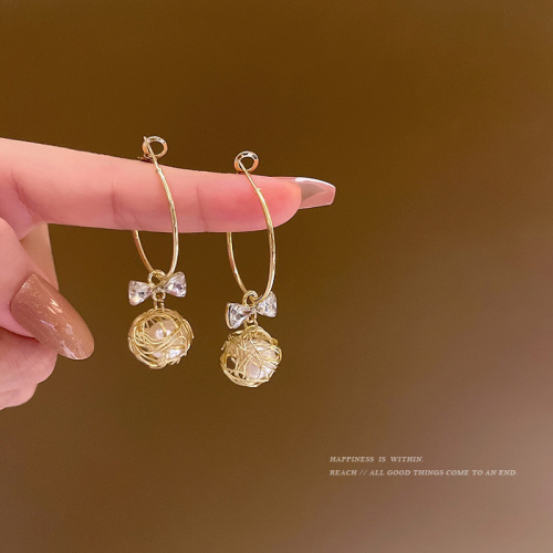 high-grade bow pearl earrings women‘s korean elegant circle earrings 2022 new retro internet celebrity earrings