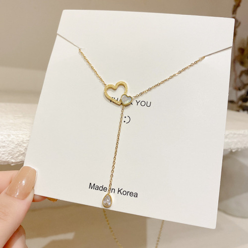 korean design heart-to-heart fritillary titanium steel necklace women‘s long tassel clavicle chain water drop zircon vintage pendant