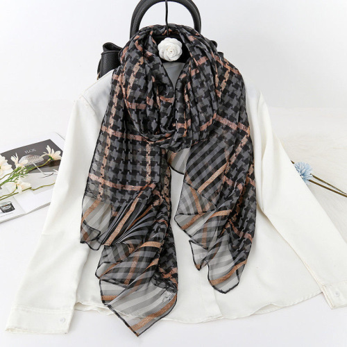 Scarf New Gold Silk Blended Houndstooth Scarf Shawl European and American Fashion Spring and Summer Live Broadcast Women‘s Thin