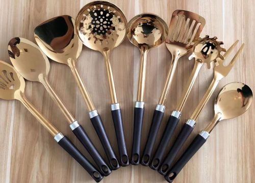 [huilin] stainless steel kitchenware 1.2cm titanium black handle porridge colander spatula flat shovel leaking long tongue short rice spoon