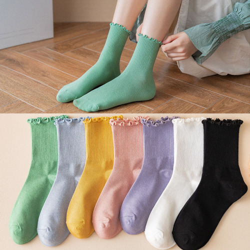 Wooden Ear Socks Women‘s Mid-Calf Length Socks White Summer Thin Ins Trendy Japanese JK pile Socks Lace Stockings Summer