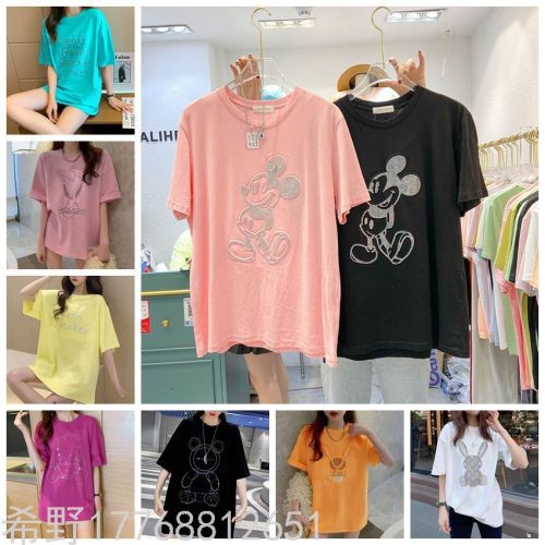 2024 new rhinestone t-shirt women‘s short sleeve loose large size korean style casual cartoon diamond bottoming shirt t-shirt wholesale