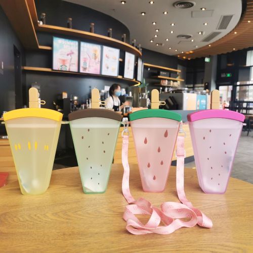 Creative Watermelon Cup Plastic Cup with Straw Convenient Strap Juice Cup Ice Cream Ice Cream Student Outdoor Drinking Glass Gift