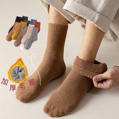 Thick Socks Men‘s Autumn and Winter Mid-Calf Length Socks Korean Thick Warm Terry Fleece Japanese Basic Solid Color Towel Socks