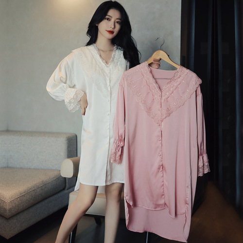 Spring and Autumn New Palace Style Lace Open Buckle Nightdress Long Sleeve Live Broadcast Popular Version Quality Satin Chiffon Large Version