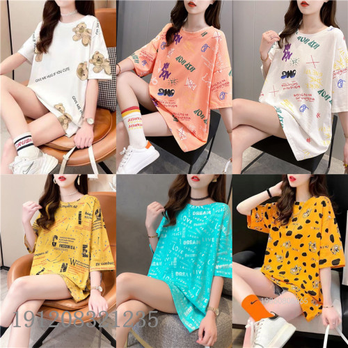 2024 new korean style lady‘s clothing bag collar short sleeve loose large printed mid-length t-shirt short sleeve women‘s stall wholesale