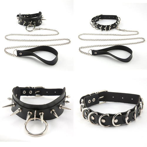 PU Leather Dark Exaggerated Collar Street Racket Traction Rope Chain Training Collar Loli Binding Necklace Necklace in Stock